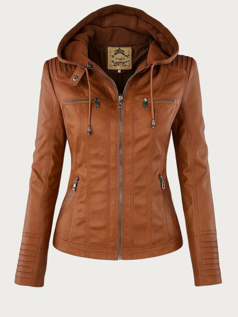Women's Leather Biker Jacket with Hood