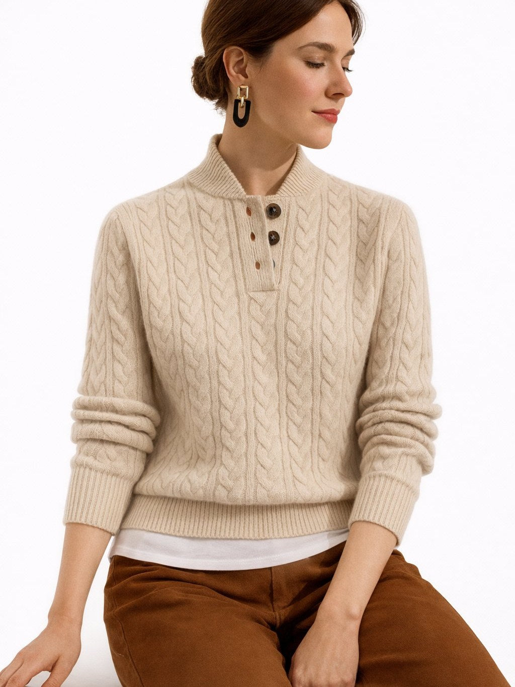 Women's Cable Knit Button-Neck Sweater | Jaliyah