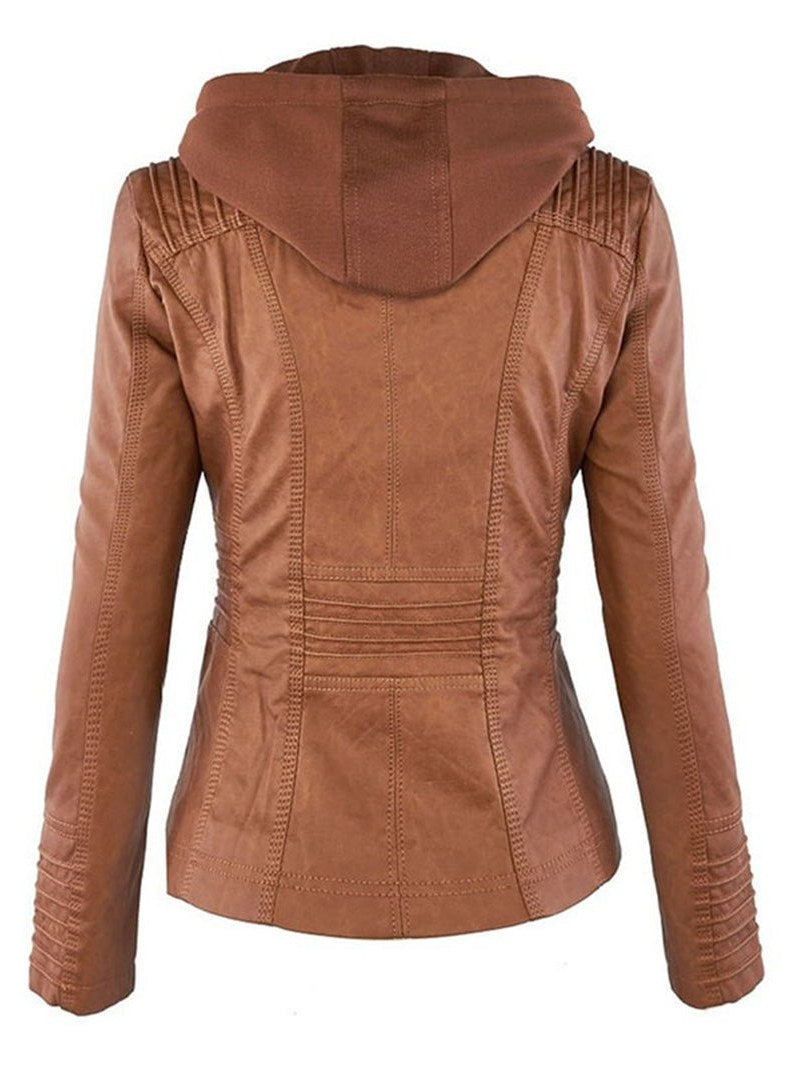 Women's Leather Biker Jacket with Hood