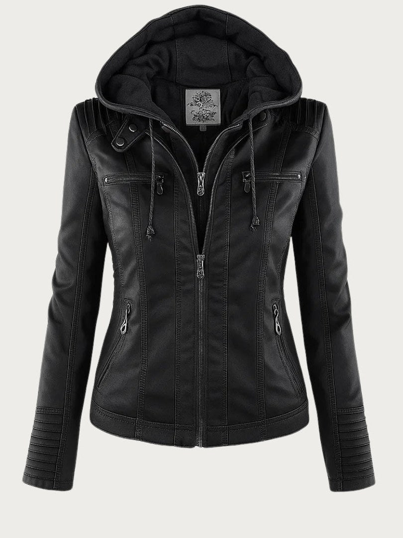 Women's Leather Biker Jacket with Hood