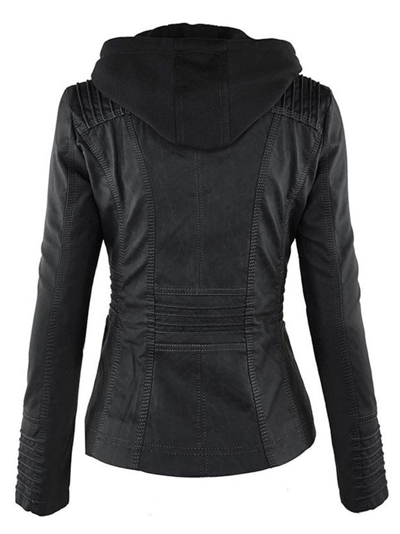 Women's Leather Biker Jacket with Hood