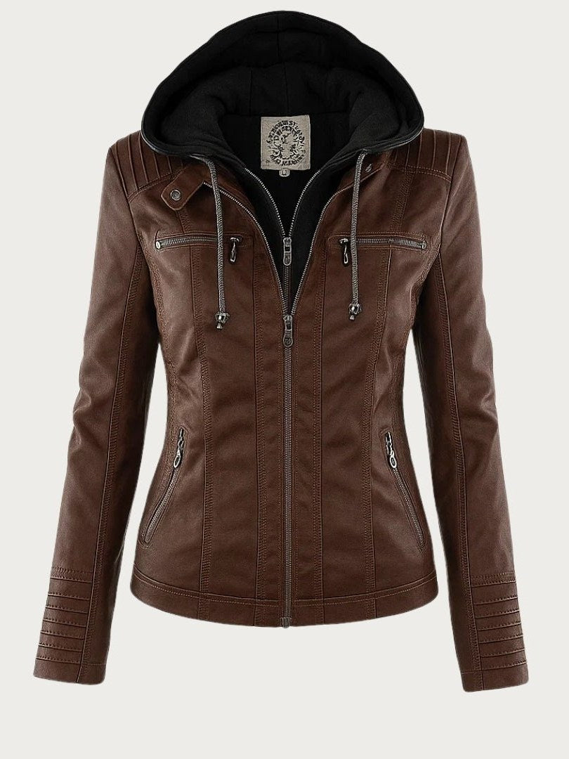 Women's Leather Biker Jacket with Hood