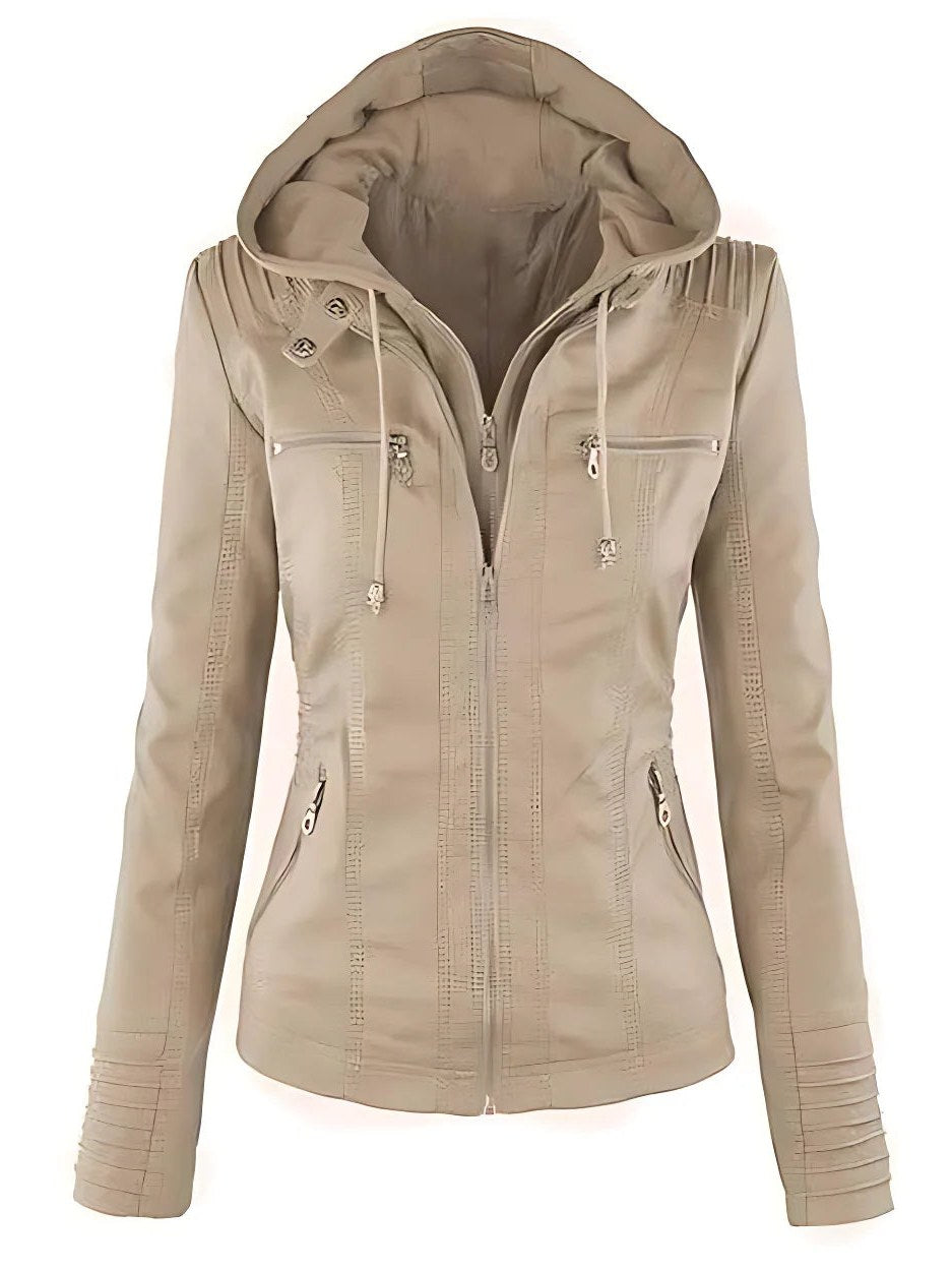 Women's Leather Biker Jacket with Hood