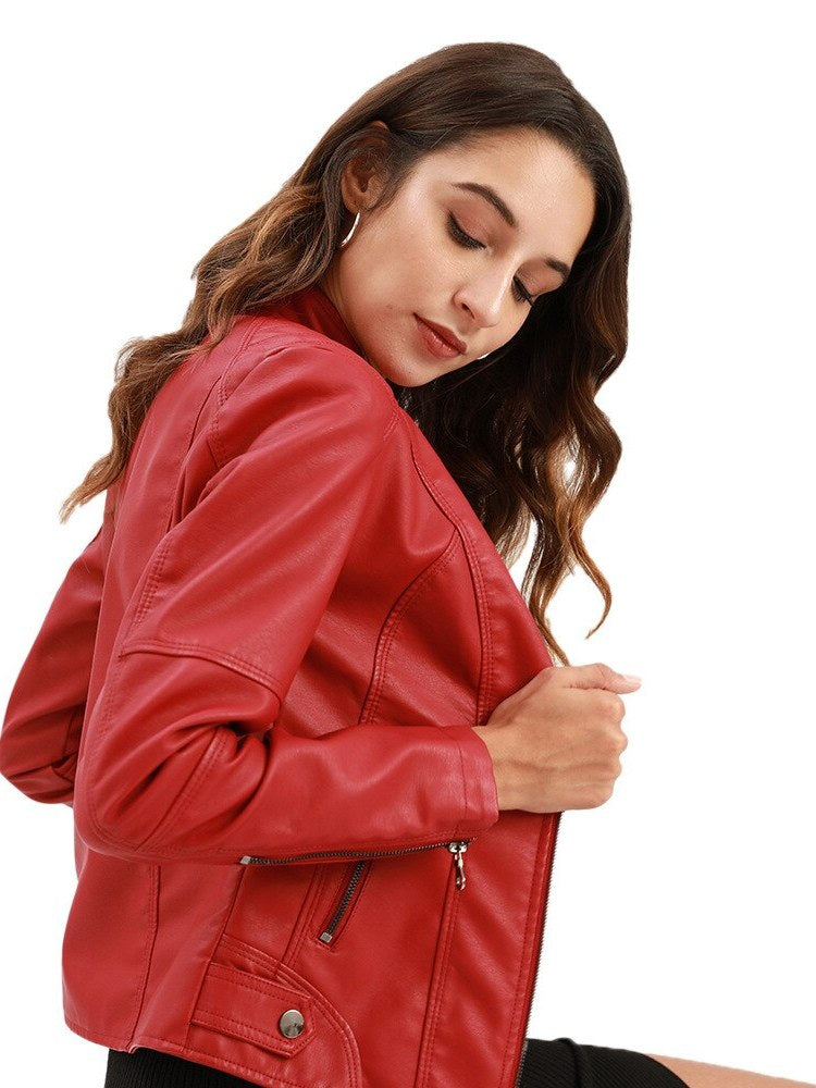Women's Mao Collar Leather Jacket | Drune