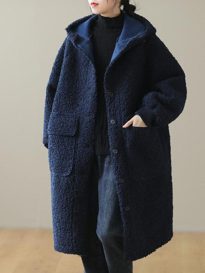 Women's Blue Hooded Faux Fur Coat