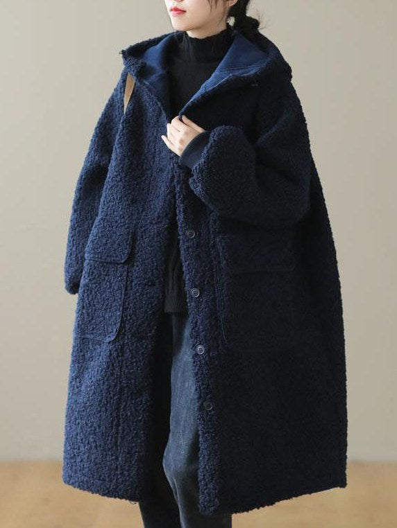 Women's Blue Hooded Faux Fur Coat