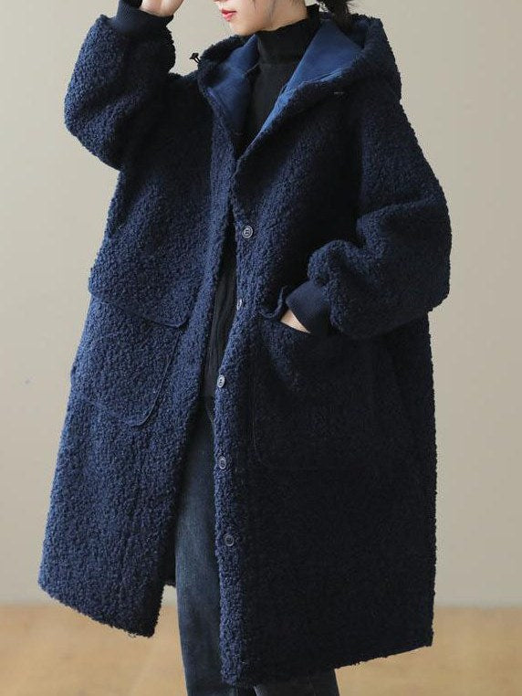 Women's Blue Hooded Faux Fur Coat
