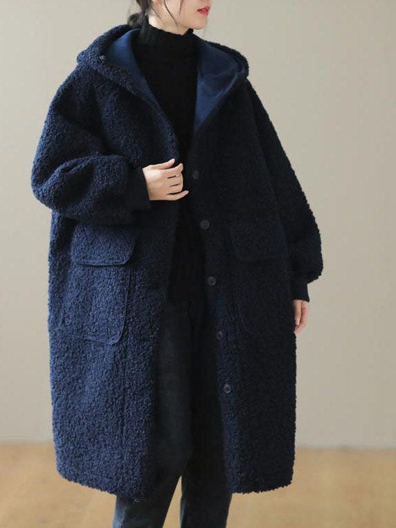 Women's Blue Hooded Faux Fur Coat