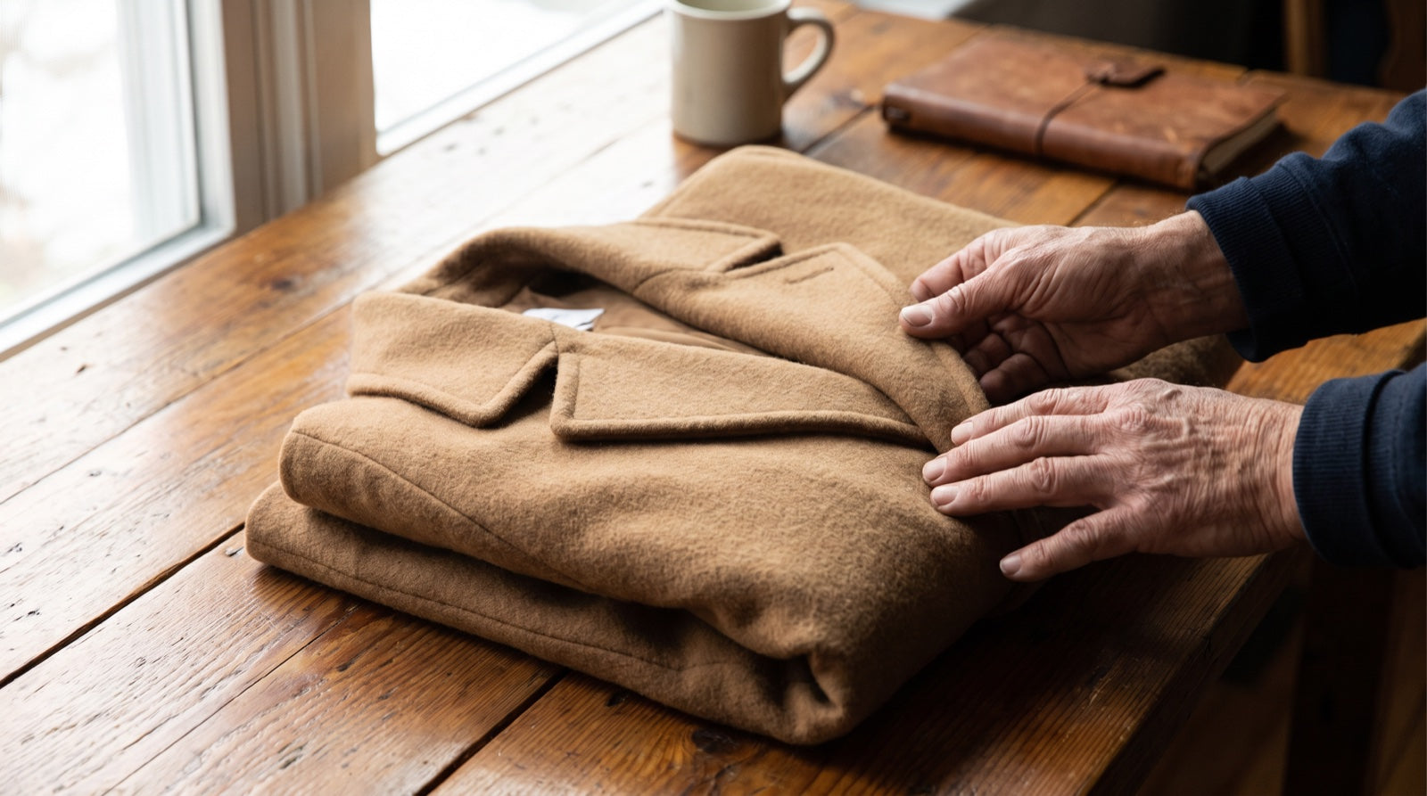 Hands carefully folding a camel wool coat