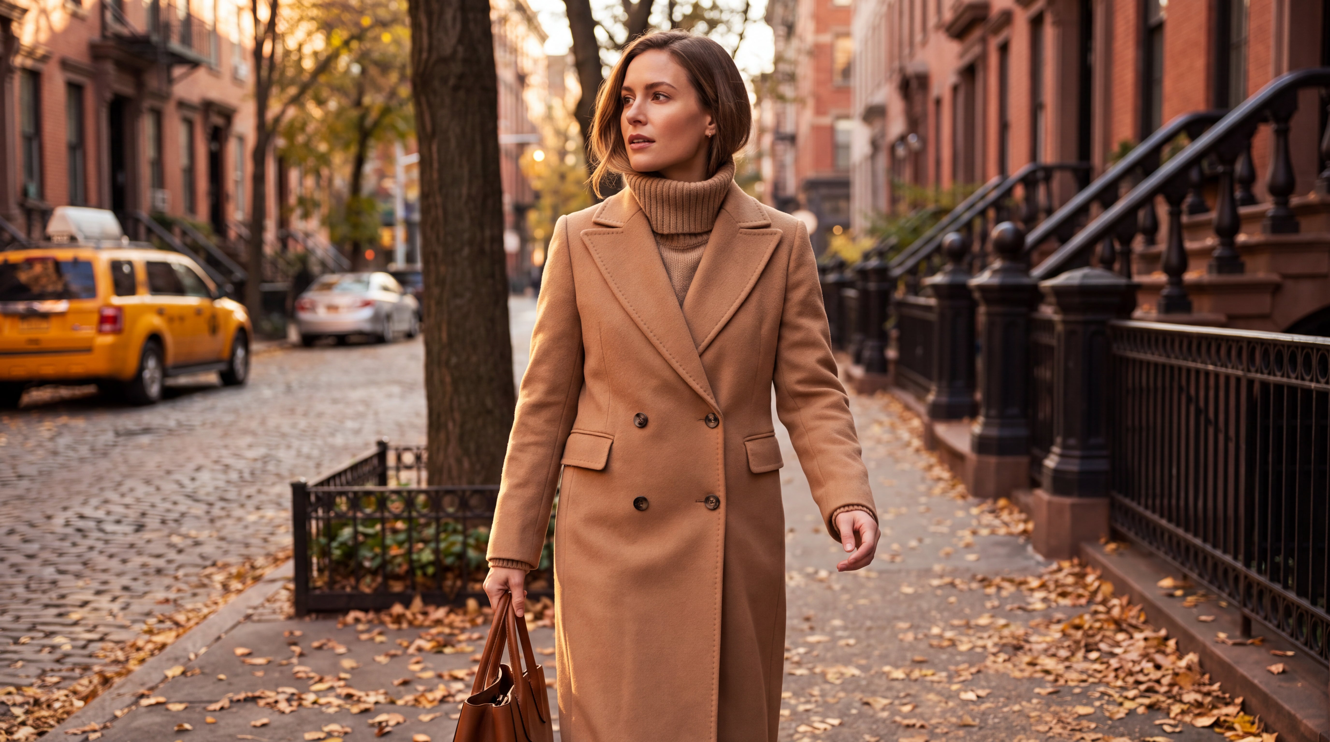 A woman in a camel wool coat walking on a New York City street on an autumn afternoon