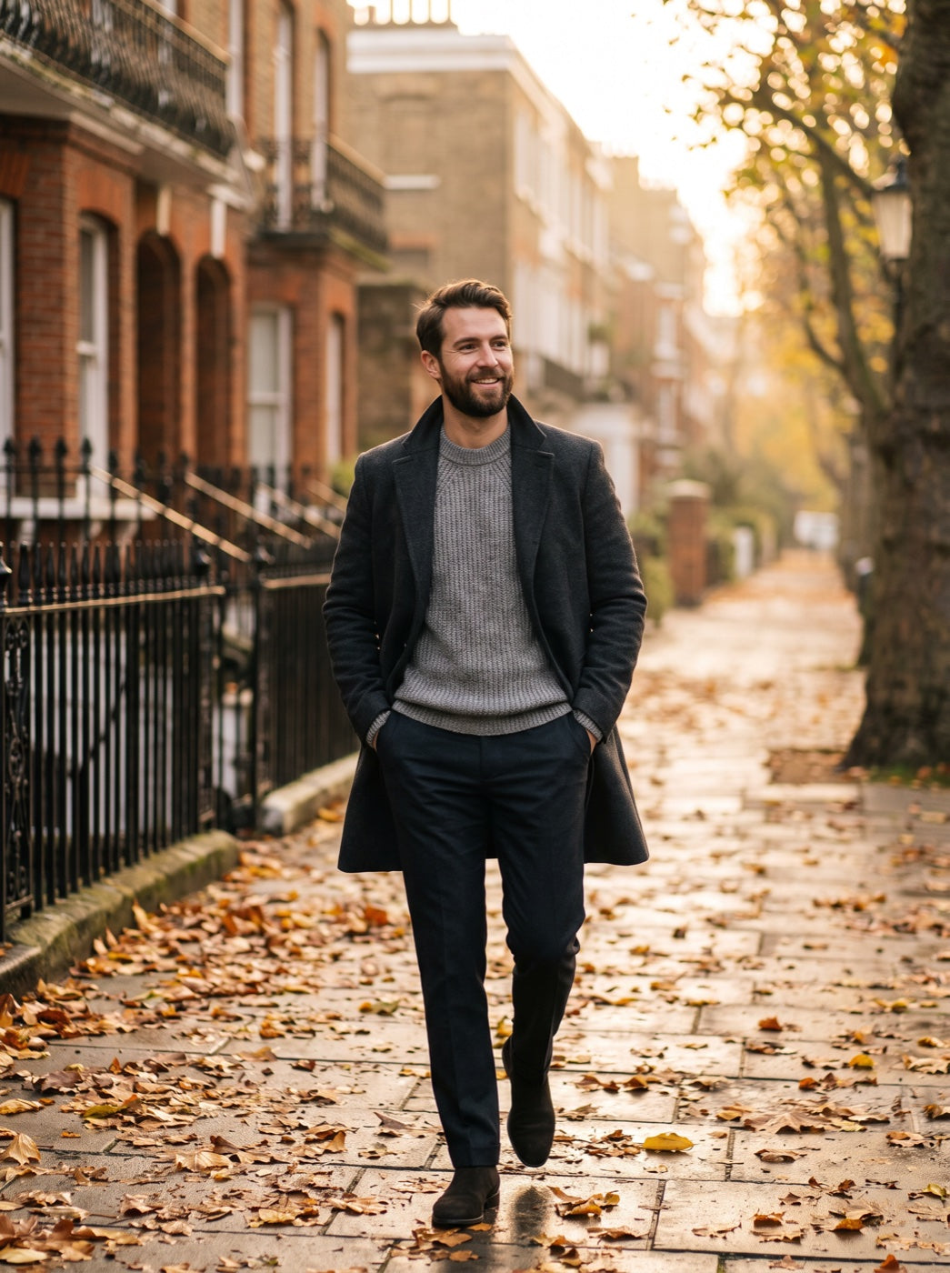 A man in a dark wool coat walking on an autumn London street