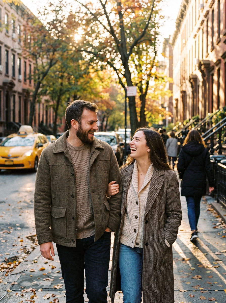 Two friends walking together on an autumn city street, styled in Clara Harrington outerwear and knitwear